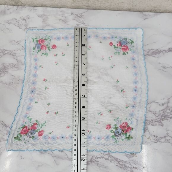 Vintage Hankerchief Hankie Hanky Lot of 2 White Peach Floral  White Blue Floral - Picture 4 of 9